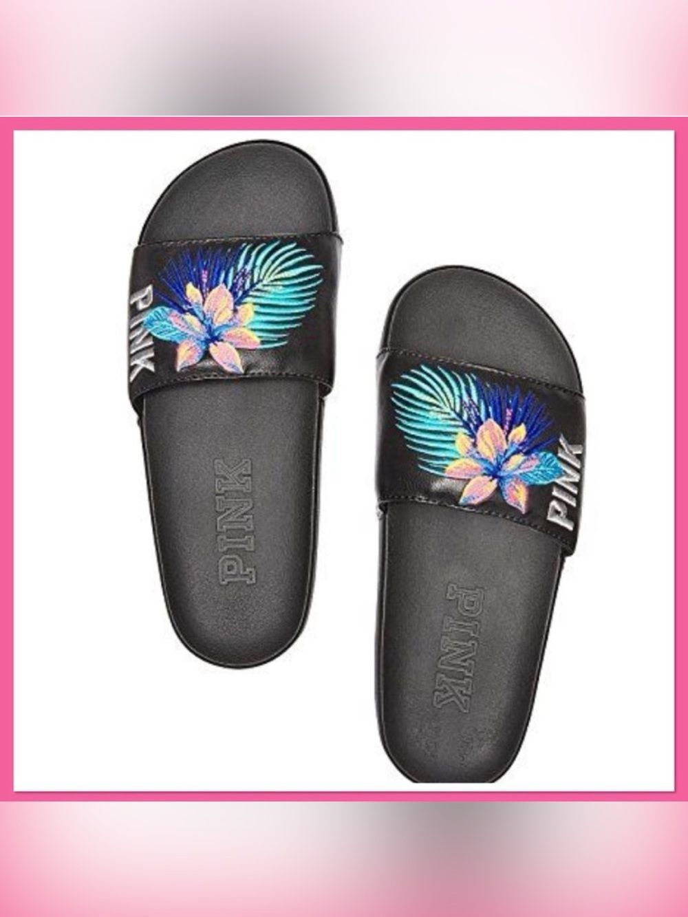 Victoria’s Secret PINK slides Sandals Embroidered floral flip flops tropical EUC